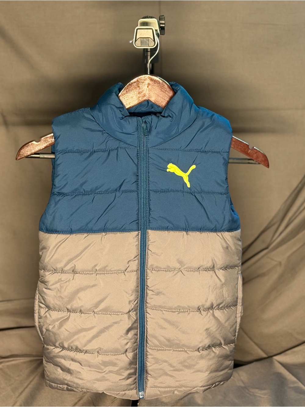 Puma Youth Blue and Gray Puffer Vest with Yellow Logo